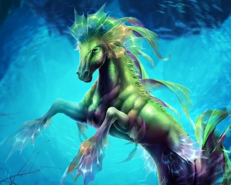 Hippocampus - blue, sea, horse, creature, fantasy, underwater, green, tira-owl, luminos, hippocampus