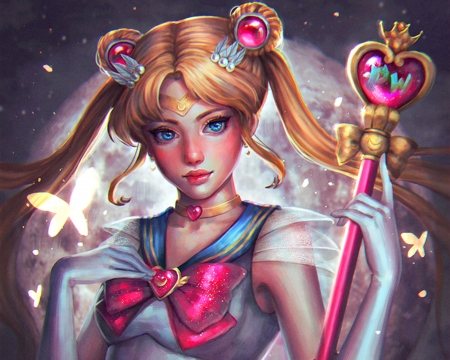 Sailor Moon - girl, fantasy, serenity, sailor moon, girl serafleur, art, butterfly, pink, luminos, blue, anime, blonde, manga