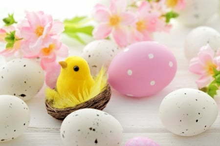 Happy Easter! - flower, chick, dot, pink, egg, yellow, easter, nest, white, card, deco