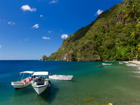 St. Lucia Island - boats, hill, sea, beach