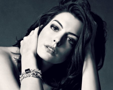 Anne Hathaway - girl, jewel, actress, black, white, hand, woman, bw, Anne Hathaway, face