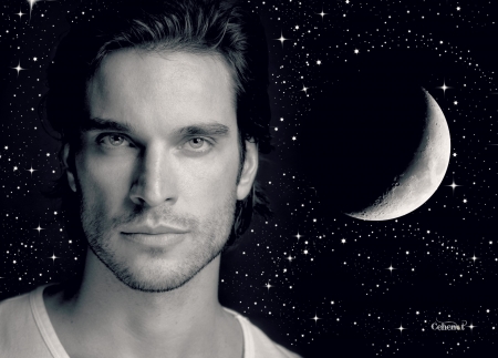 Daniel DiTomasso - moon, male, sky, stars, bw, black, face, white, daniel ditomasso, man, actor, by cehenot, luna