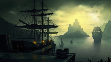 Harbor Fantasy - 3d, ships, harbor, sailing, fantasy, cg