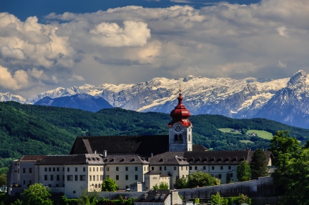 Old Cloister - clouds, mountains, sky, building