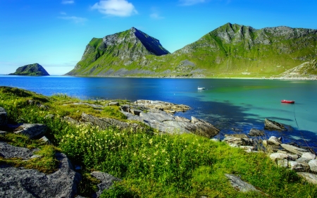 Riverscape - sky, lake, mountain, rocks, beautiful, river, stones, flowers, grass