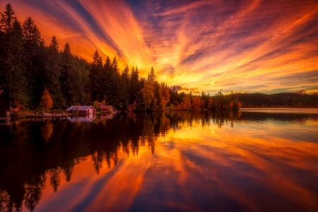 Amazing sunset sky - pretty, calm, amazing, island, forest, reflection, shore, sky, clouds, house, trees, beautiful, fielry, colorful, river, sunset, serenity