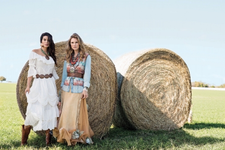 Cowgirl Fashion - women, trees, skirt, boots, fashion, dress, blonde, females, cowgirls, hay, jewelry, field, brunette, bales