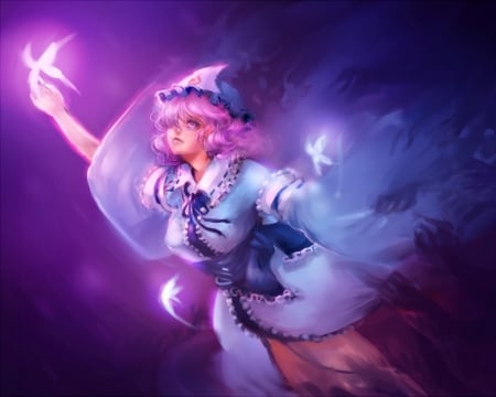 Saigyouji Yuyuko - buyyerfly, girl, saigyouji yuyuko, touhou, purple, luminos, pink, anime, sheryth, manga