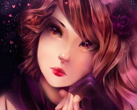 Rose - anime, vocaloid, dizzyzebra, girl, black, manga, redhead, purple, red, rose, face