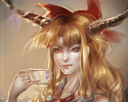 Ibuki Suika - girl, tea, fantasy, horns, cup, touhou, art, ibuki suika, hand, anime, sheryth, blonde, manga, demon