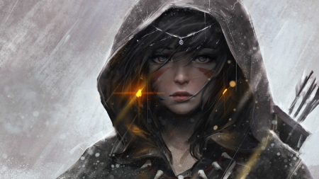 Hood - girl, rain, guweiz, hood, black, fantasy, art, luminos, orange