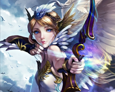 Angel - pixiv, angel, girl, fantasy, archer, white, blue, luminos, anime, manga, arrow