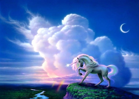 Beautiful unicorn art - clouds, moon, fantastic, beautiful, splendor, colors, night, magical, horse, fantasy, nature, rainbow, unicorn, peaceful, art