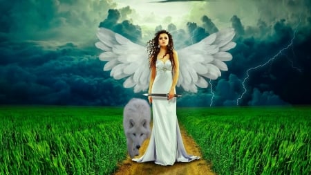 Guardian angel - wolf, abstract, fantasy, angel