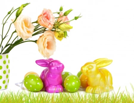 Happy Easter! - flower, pink, cute, figurine, egg, yellow, easter, white, bunny, deco, green