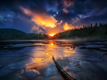 Lake Mountains - sky, lake, forest, mountains, reflection, sunset, nature