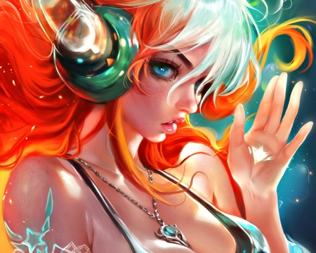 Headphone girl reborn - headphone girl reborn, sakimichan, blue, art, fantasy, orange, hand, luminos, green