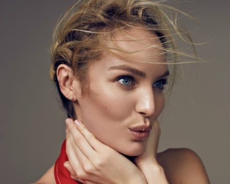 Candice Swanepoel - hand, woman, red, model, girl, Candice Swanepoel, face