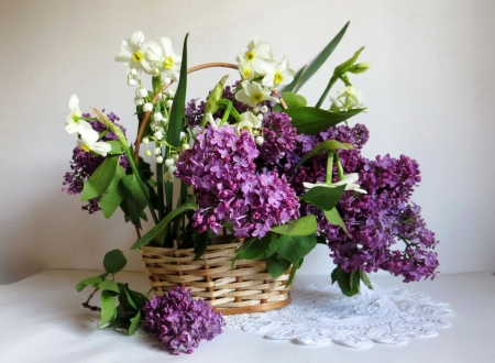 Flower Mix - lilacs, daffodils, lily of the valley, basket, still life