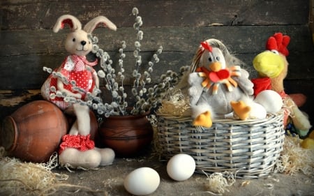 Happy Easter! - chick, toy, easter, basket, bunny, wood, yellow, red, card, egg