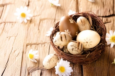 Happy Easter! - wood, easter, card, egg, basket, daisy, flower