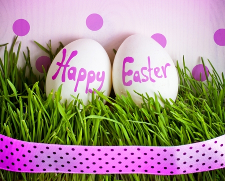 Happy Easter! - white, pink, easter, green, card, egg, dot