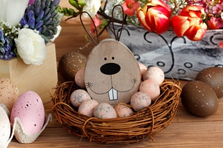 Happy Easter! - easter, basket, bunny, deco, nest, pink, red, card, egg, flower