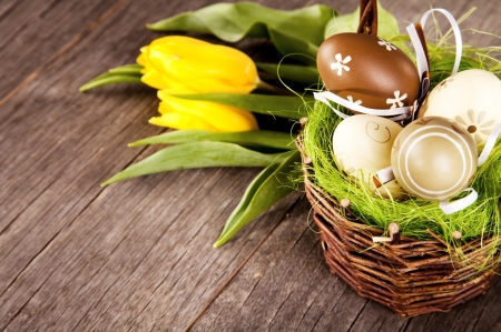 Happy Easter! - easter, wood, brown, yellow, card, green, tulip, egg, flower