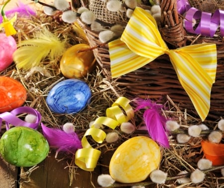 Happy Easter! - pink, egg, yellow, wood, blue, easter, card, bow, basket, colorful, green