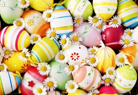 Happy Easter! - easter, colorful, white, yellow, red, blue, card, egg, texture, flower