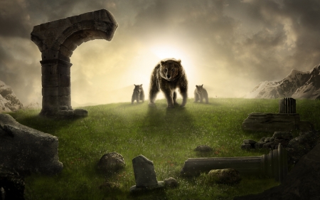 King Bear - andy burdin, ruins, king bear, animal, green, creative, fantasy