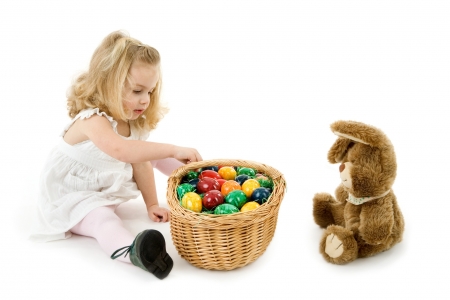 Happy Easter! - girl, bunny, copil, toy, child, easter, white, egg, card