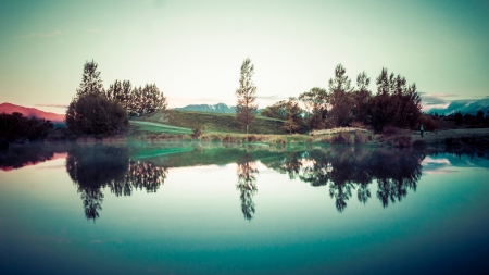 turquoise lake in the morning - trees, reflectioms, fog, lake, turquoise, morning