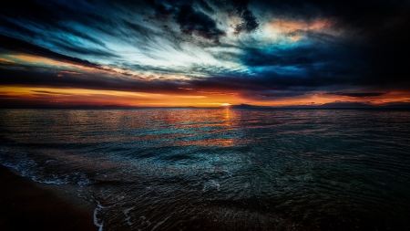 Amazing Sunset - sky, clouds, sun, water, sea