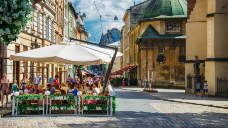 laviv street cafes in the ukraine - cobblestones, street, cafes, city, outdoor