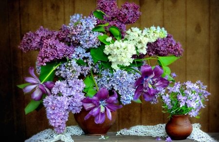 Spring still life - pretty, vase, beautiful, fragrance, lilac, spring, lovely, freshness, still life, bouquet, leaves, flowers, scent