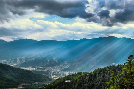 Cloudy Mountains - clouds, trees, forest, valley, sky