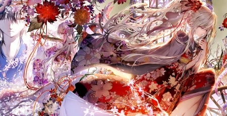 Thoughts - girl, white, tsukioka tsukiho, boy, man, red, anime, kimono, manga