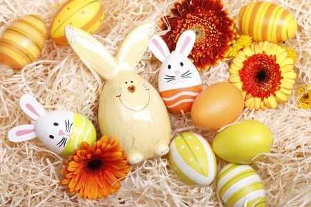 Happy Easter! - easter, card, flower, egg, orange, yellow, bunny, deco