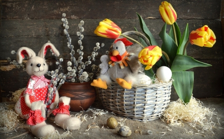 Happy Easter! - toy, easter, basket, bunny, deco, white, yellow, red, card, tulip, egg, flower