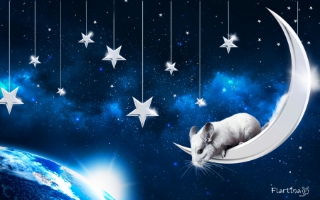 The mouse from the moon - moon, blue, mouse, stars, white, flartina, luminos, sky, luna