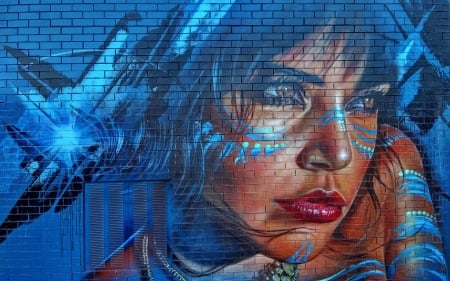 Girl - blue, girl, lips, red, woman, graffiti, face, art, luminos