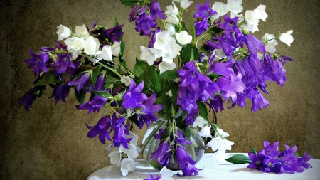 Spring Still Life - flowers, white, purple, Spring, bells, bouquet, still life