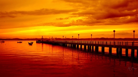 Sunset Dock - boats, lightposts, sunset, beach, dock, sky