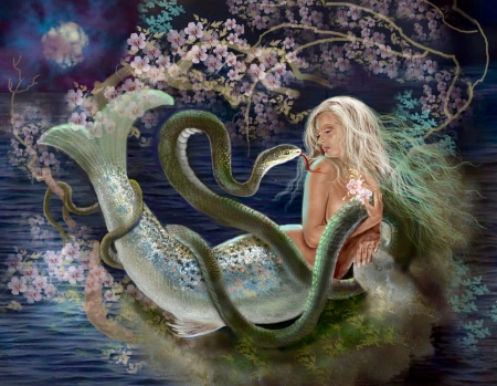 Mermaid and a Snake - Mermaid, flowers, Moon, pretty, fantasy, water, snake, beautiful