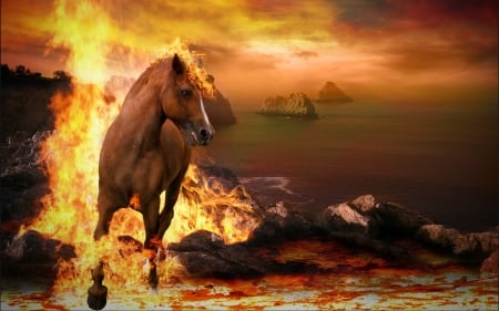 Kicking up a Fire Storm - fire, beach, horse, animals