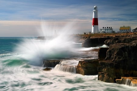 Portland Bill Lighthouse, England - england, waves, lighthouse, beach