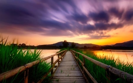 Sunset river - lake, sky, water, sunset, serenity, amazing, reflection, river, beautiful, clouds, bridge, grass