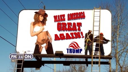 Cowgirls For Trump! - fun, chaps, female, boots, Trump, America, fashion, freedom, hats, political, brunettes, western, billboards, barns, cowgirl, style, women, saddles, models, girls, signs