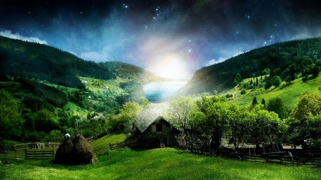 Dream...house  - moon, sky, lake, reflection, green, house, grass